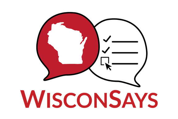 WisconSays Logo of text bubbles, one with the shape of Wisconsin and one with check boxes.